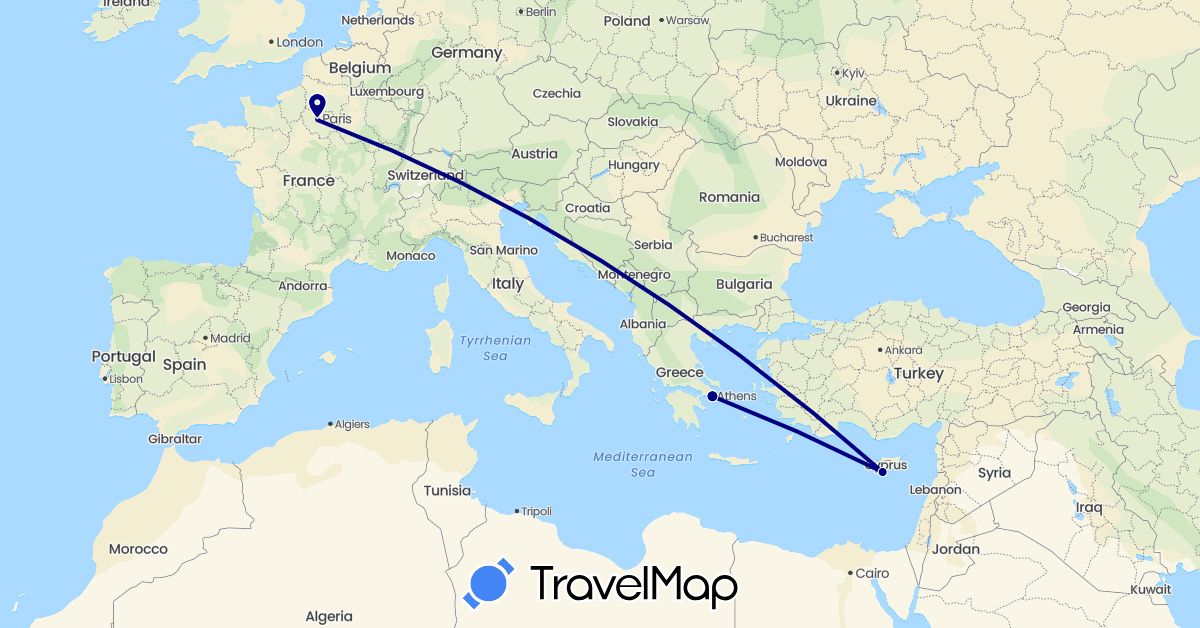 TravelMap itinerary: driving in Cyprus, France, Greece (Asia, Europe)